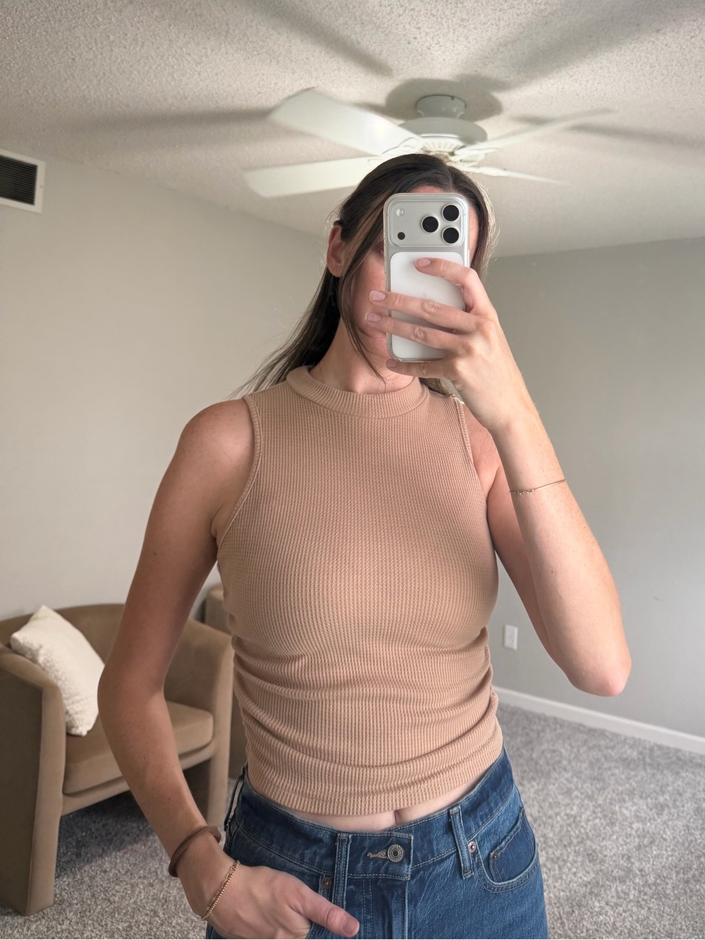Sleeveless Ribbed Tank Top in Tan - Women